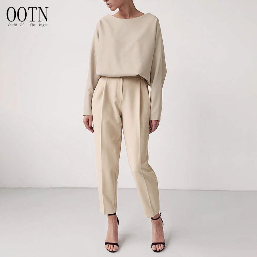 Рубашка с длинным рукавом OOTN, женские офисные блузки, винтажные брюки, рабочая одежда, повседневные брюки с высокой талией, хаки, Женский комплект из двух предметов 2020