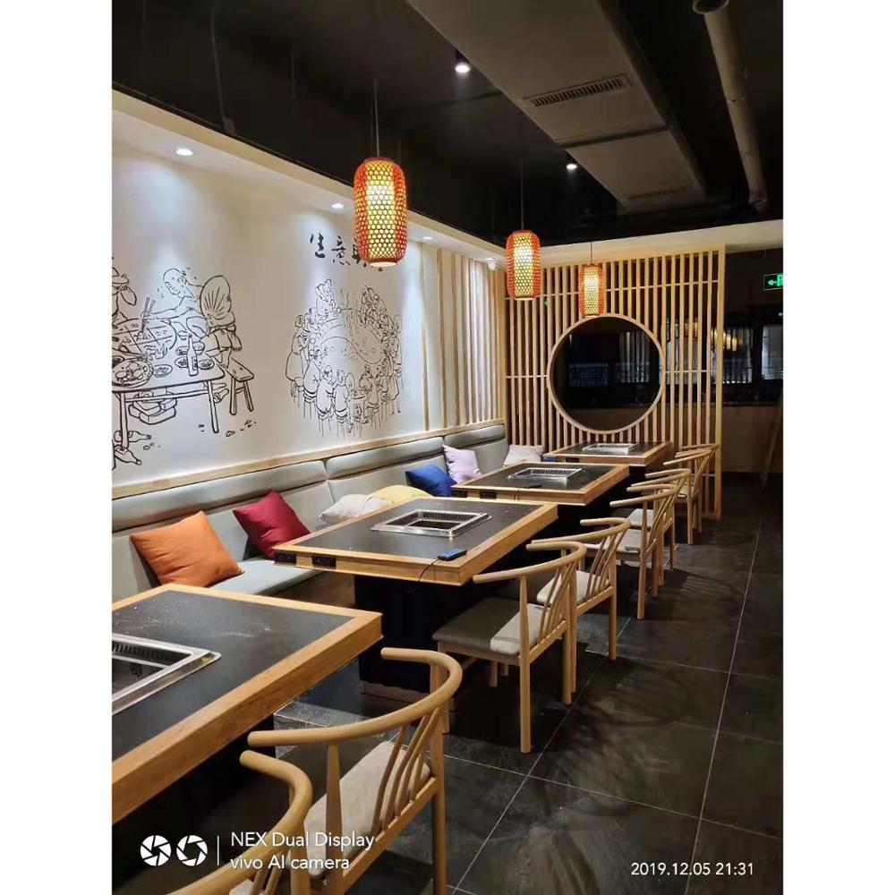 Direct sales Japanese style solid wood material glass tabletop smokeless induction hot pot table
