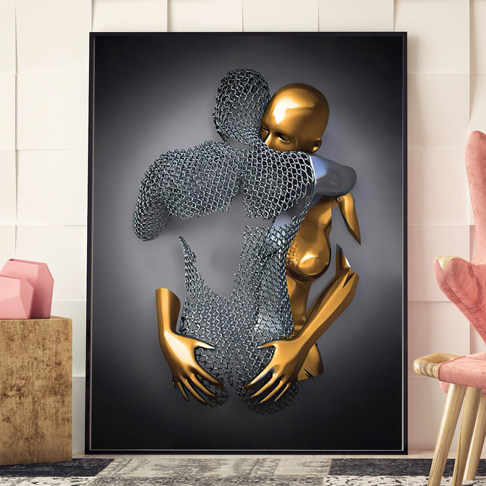 Абстрактная Металлическая 3d-фигурка, статуя, искусство, холст, живопись, романтическое абстрактное металлическое настенное искусство, домашний декор