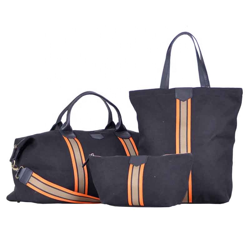 black thick twill canvas tour cosmetic bag shopper with black genuine leather trimming customized logo OEM travel bag set