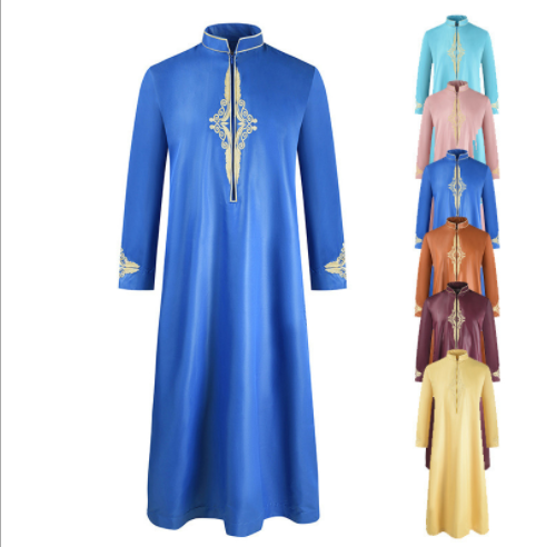 2021 Summer Long Sleeve Robe Men's Pure Color Embroidered Middle East Muslim Prayer Embroidered Arab Foreign Trade Robe