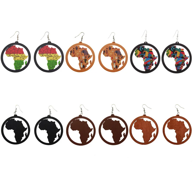 Fashion Afican Map Print Round Earrings Wooden Jewelry Tropical Colorful Cut Ethnic Wood Earrings