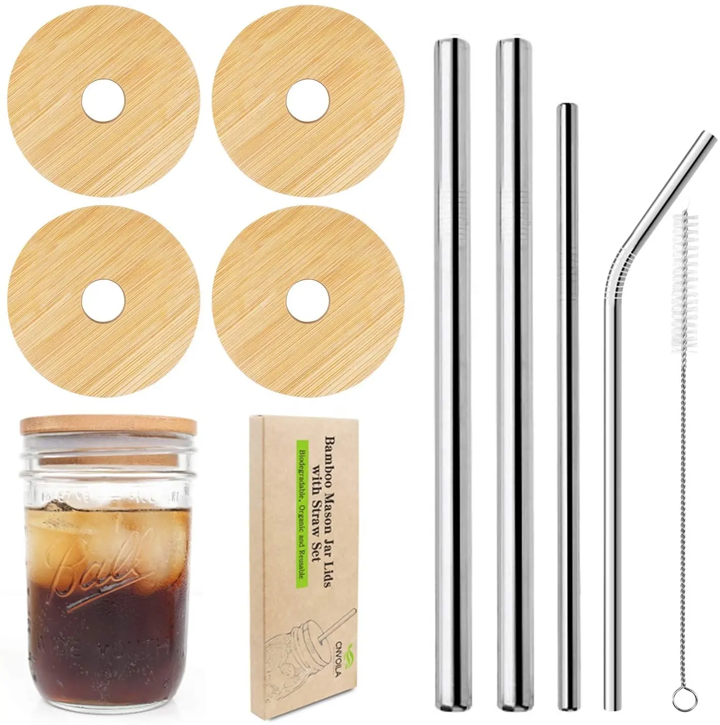 Reusable Glass Cup Glass Jar Bamboo Lids with Hole Straw for Mason Jar Glass Cup Can Beer Glasses