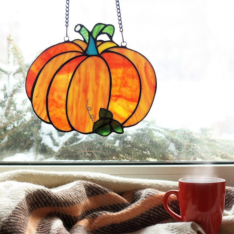 Pumpkin Stained Glass Window Hangings Glass Pumpkin Sun Catcher Fall Window Decor Thanksgiving Gift