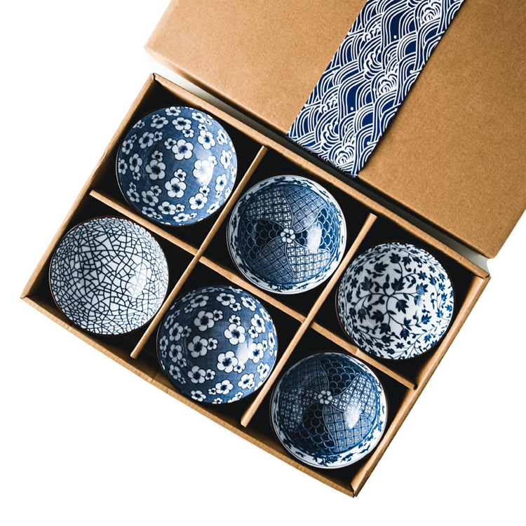 Traditional Japanese Style 4.5 Inch Blue and White Tableware Serving Bowls Gift Set Ceramic Cereal Salad Soup Rice Bowl Set