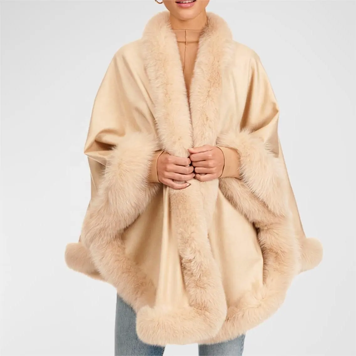Оптовая продажа, женская зимняя накидка из высококачественной шерсти лисы на заказ, кашемировая накидка большого размера с отделкой из натурального меха, женские меховые шали