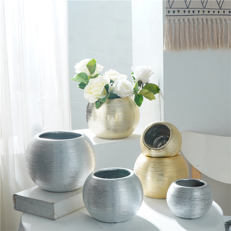 Luxury home decoration vase golden sliver round flower vase home ornament stripe porcelain ceramic vases