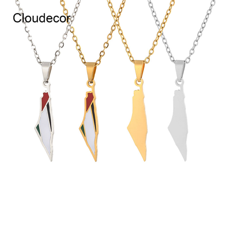 Trendy Israel and Palestine Map Flag Necklace Real Gold Plated Women Stainless Steel Country Map Necklace Enamel Jewelry Men