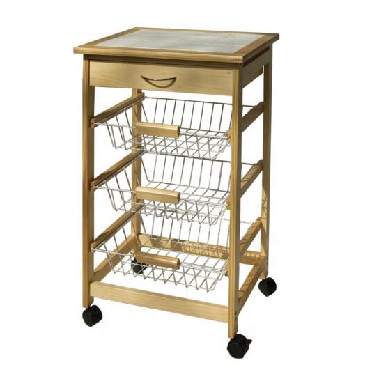 Kitchen Furniture Wood Bamboo Rolling Kitchen Storage Trolley Cart With Drawer Baskets
