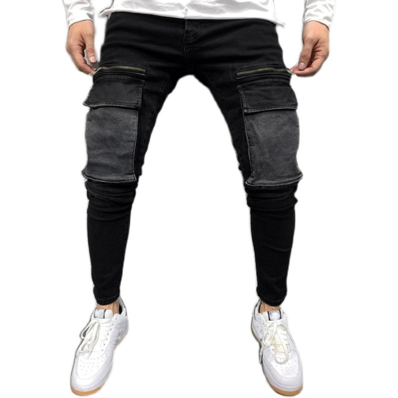 2021 New Fashion Hot Sale Mens Denim Pencil Pants Black Big Pockets Slim Fit Men's Jeans