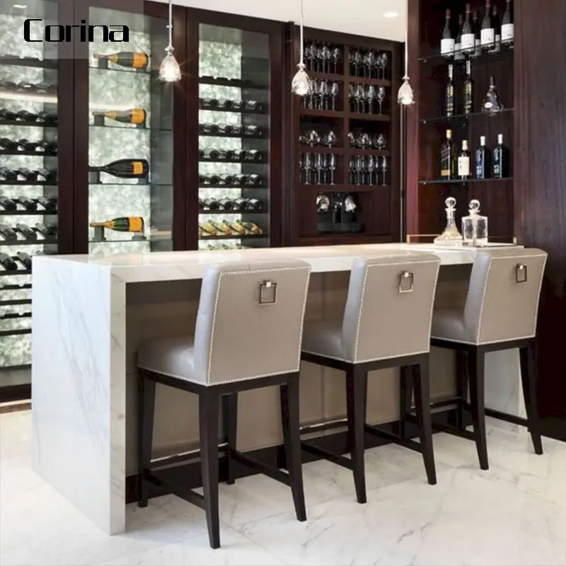 Modern artifical marble reception desk mini bar table and chairs nightclub bar furniture set white home bar counter