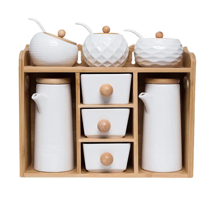 Ceramic Home Kitchen Seasoning Box Porcelain Salt Sugar Spice Pepper Sets with 2 Layer Bamboo Organizer Rack
