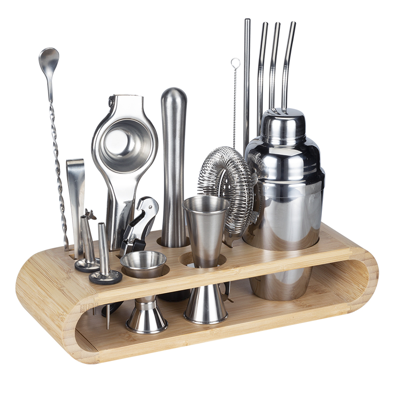 Professional Barware Tools Wooden Stand Stainless Steel Bartender Kit Bar Accessories Cocktail Shaker Set