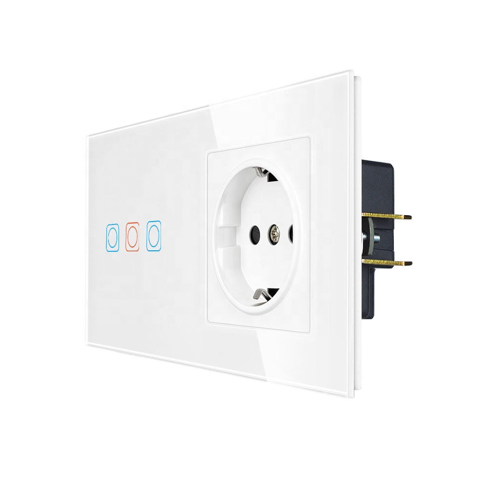 eu standard germany power plug 3 Gang switch touch glass Tempered Glass Panel  AC220~250V  16A