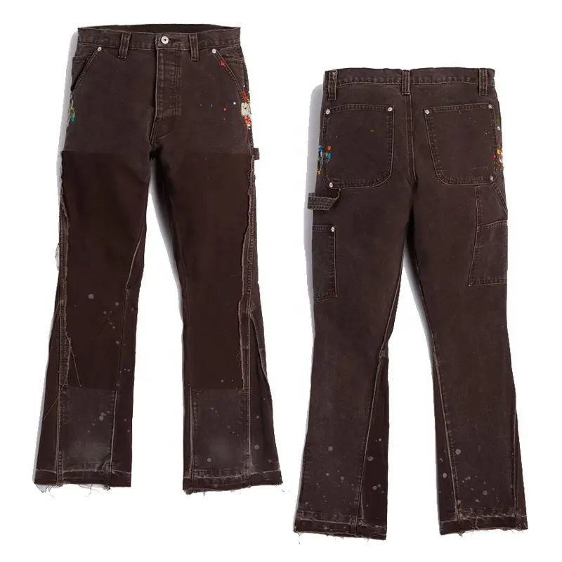 Custom Mens Vintage Brown Flare Carpenter Pants Men Distressed Carpenter cargo pants Patched Inserted Panel Flared pants