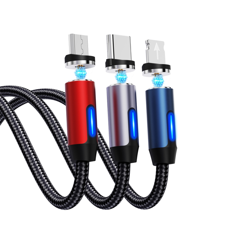 2.4A 3 in 1 Magnetic Nylon Braided Usb Cable with Led Light Charger Cable for Huawei Samsung iPhone