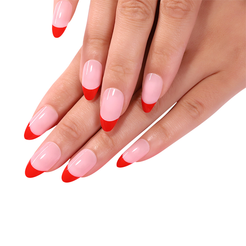 Press on Nails Medium Length Almond Pink Nails Glossy French Fake Artificial Full Cover Acrylic Finger False Nails