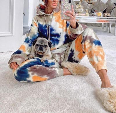 2020 Fashionable O-neck Long Sleeve Nightwear Womens 2 Set Tie Dye Pajamas Casual Home Wear Set Loungewear