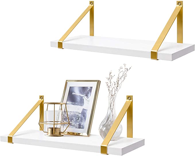 White Floating Shelves Wall Mounted Modern Decorative Shelves Wood Hanging Shelf with Golden Metal Brackets for Bathroom Living