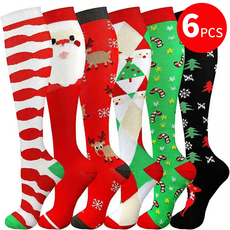 6pcs Pack Medical Running Cycling 20-30 Mmhg Cozy Christmas Compression Socks For Man Women