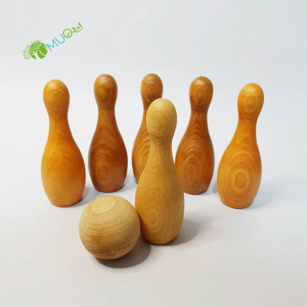 YumuQ Custom Wood Bowling Bolos Pins Game Set, Wooden Skittles Montessori Toys for Toddlers, Kids Gifts