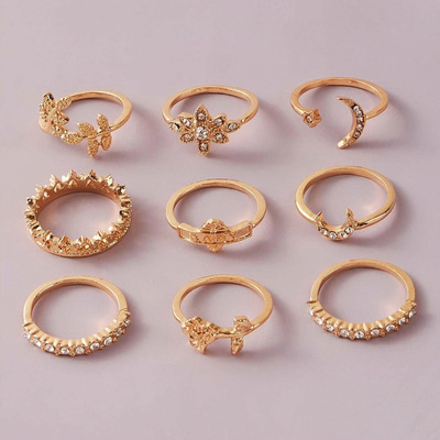 2021 Retro Stacking Rose Star Moon Ring Set Hot Selling Women Jewelry Gold Plated Flower Leaf Ring Set