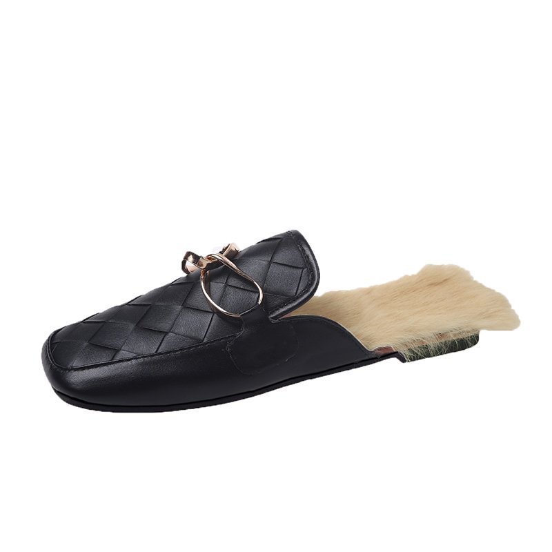 New Design Fashion Lady Flat Leather Casual Sandals Women Fur Slides Slippers