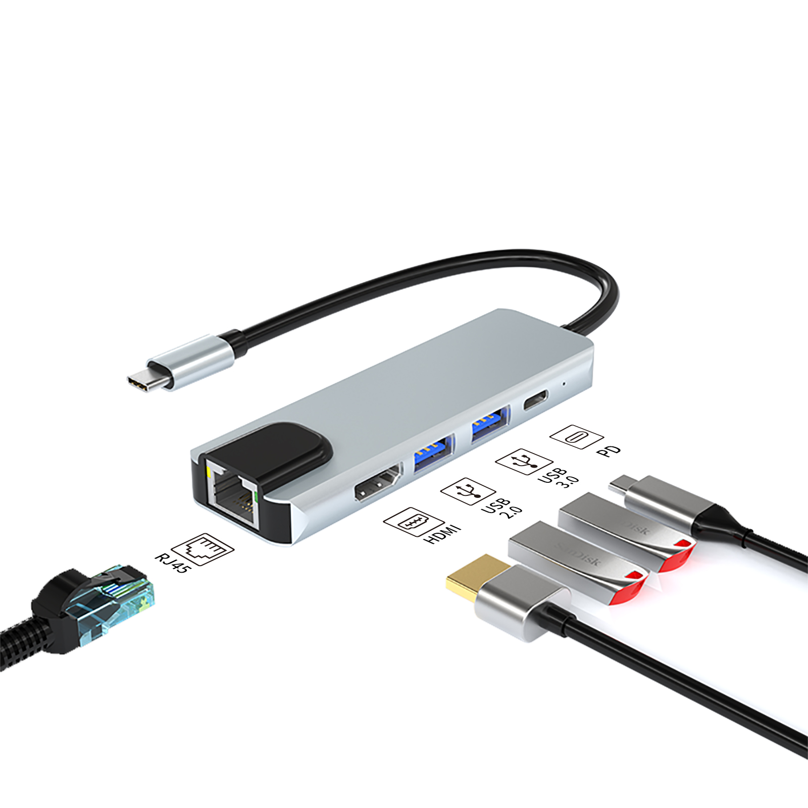 Заводского изготовления, Кабель с разъемом usb типа c usb hub 5-разъемное зарядное usb-устройство для цены по прейскуранту завода-изготовителя HD-MI USB3.0 * 1 USB2.0 * 1 слот