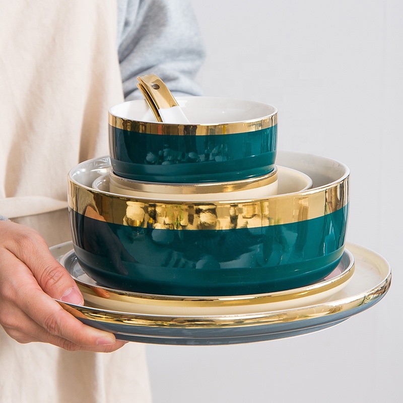 Hot Selling Wedding Restaurants Used Customized Logo Exquisite Green Dinnerware For Decorative Gold Rim Tableware