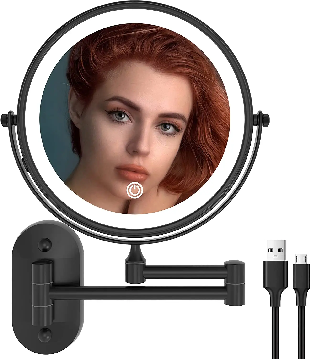 LED Rechargeable Black Color Wall mount Bathroom Magnifying Shaving Mirror Cosmetic Light Up Mirror