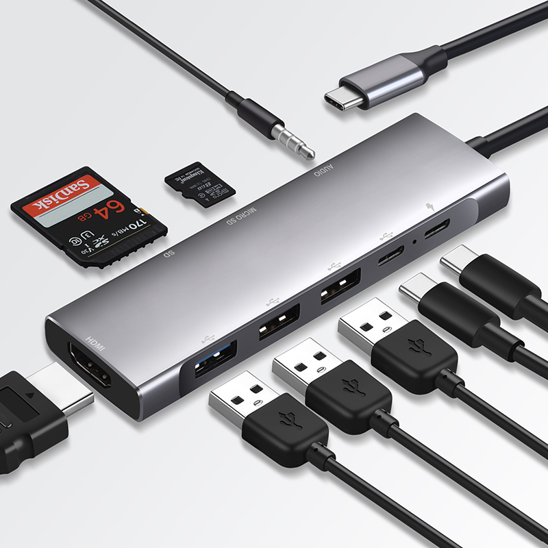 USB C концентратор 9 в 1 адаптер 4K C HD-MI USB C зарядный USB 3,0 SD/устройство для считывания с tf-карт 3,5 мм Gigabit Ethernet док-станции