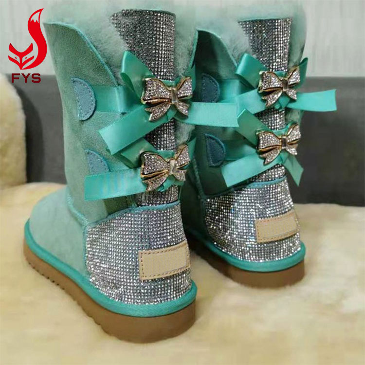 Stylish Bling Diamond Uggh Boots Leather Luxury Uggging Boots With Bow