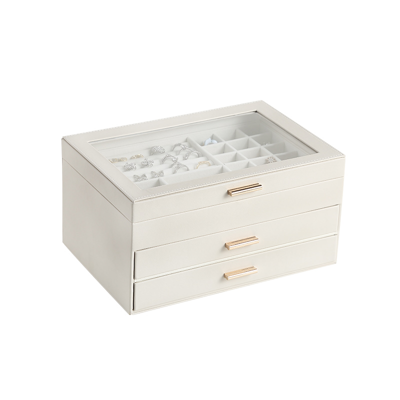 Wholesale Luxury Large 3-Layer PU Leather Jewelry Box with Glass Lid Drawer Ring Necklace Jewellery Storage Organizer Gift Box