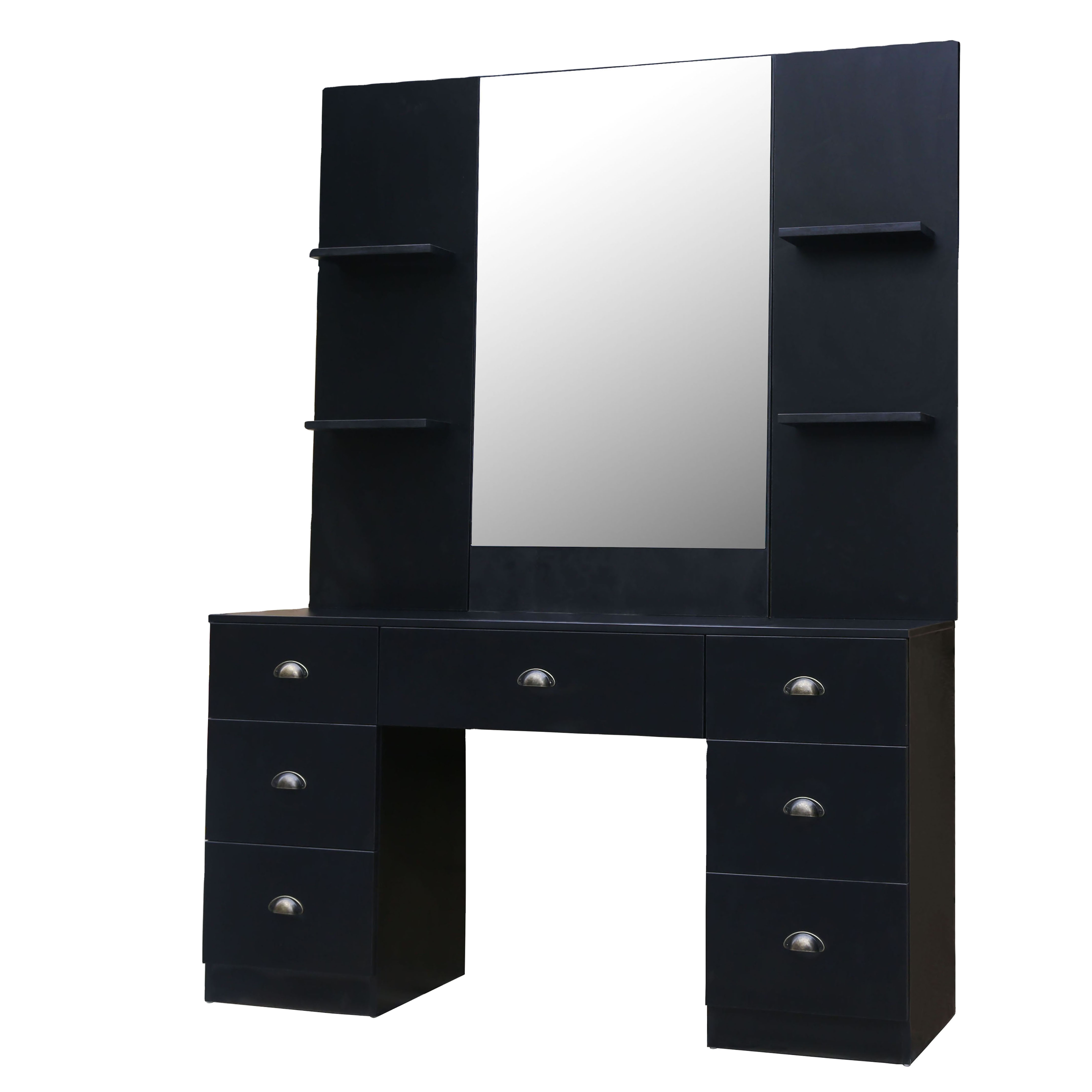 Salon Beauty Furniture Standard Size Black Makeup Styling Mirror Station With Multiple Cabinets For Barber