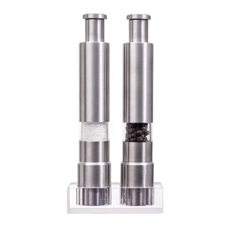 Mini Stainless-Steel One-Handed Thumb Push Button  Spice Mill Salt and Pepper Grinder Set with Stand For BBQ