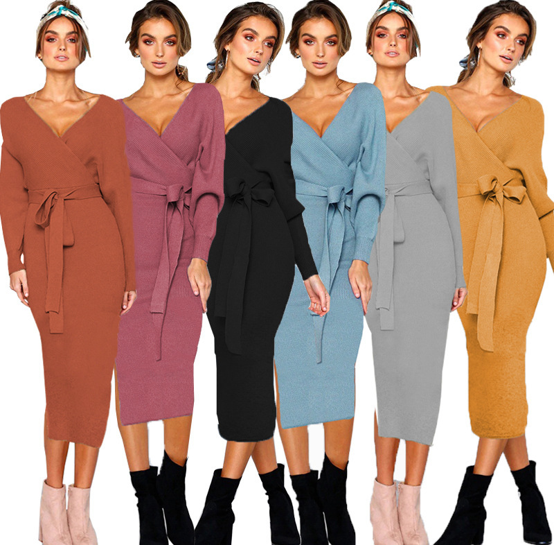 Hot Sale OEM Fall Winter Sexy V Neck Belt Long Sleeve Casual Dress