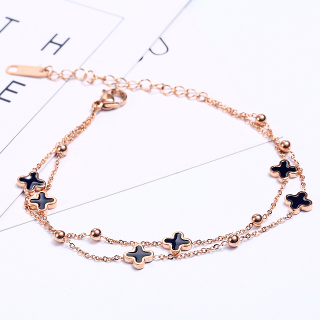 Titanium Steel Adjustable Clover Bracelet 18k Rose Gold Ladies Simple Double Bracelet