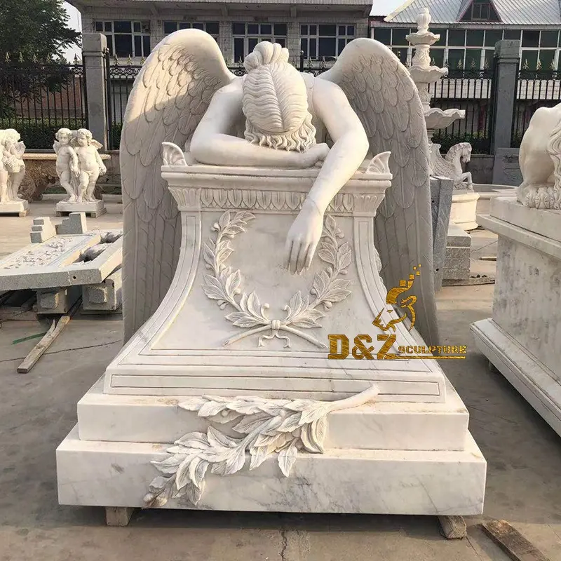 Natural white marble carved best quality cemetery use famous weeping angel sculpture for tombstone