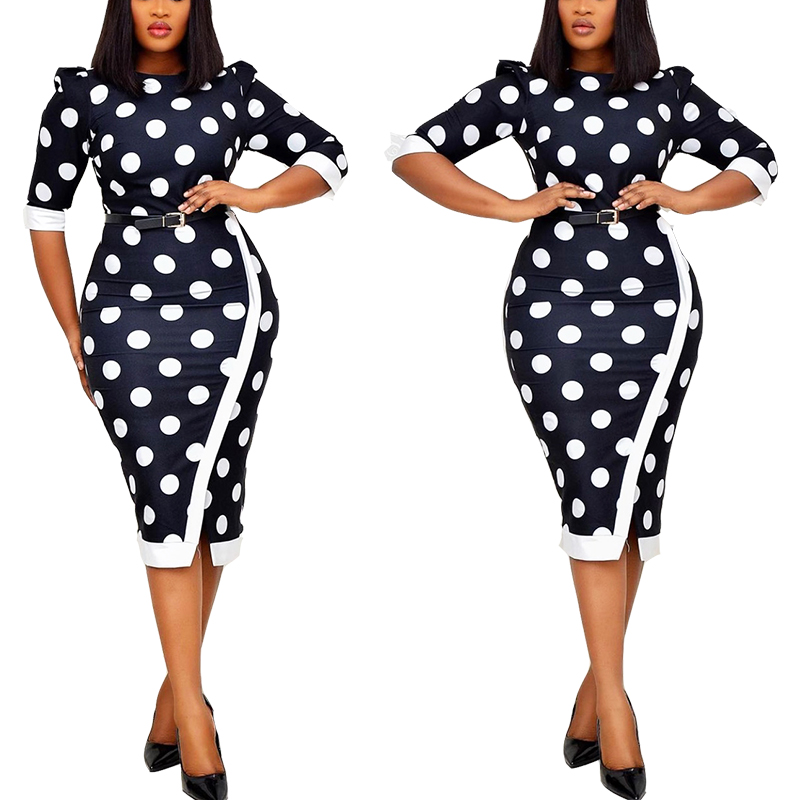 Crew-Neck Black High Plus Dot Knitting Casual Summer Women Short Sleeve Knee-Length Dress Wholesale Clothing
