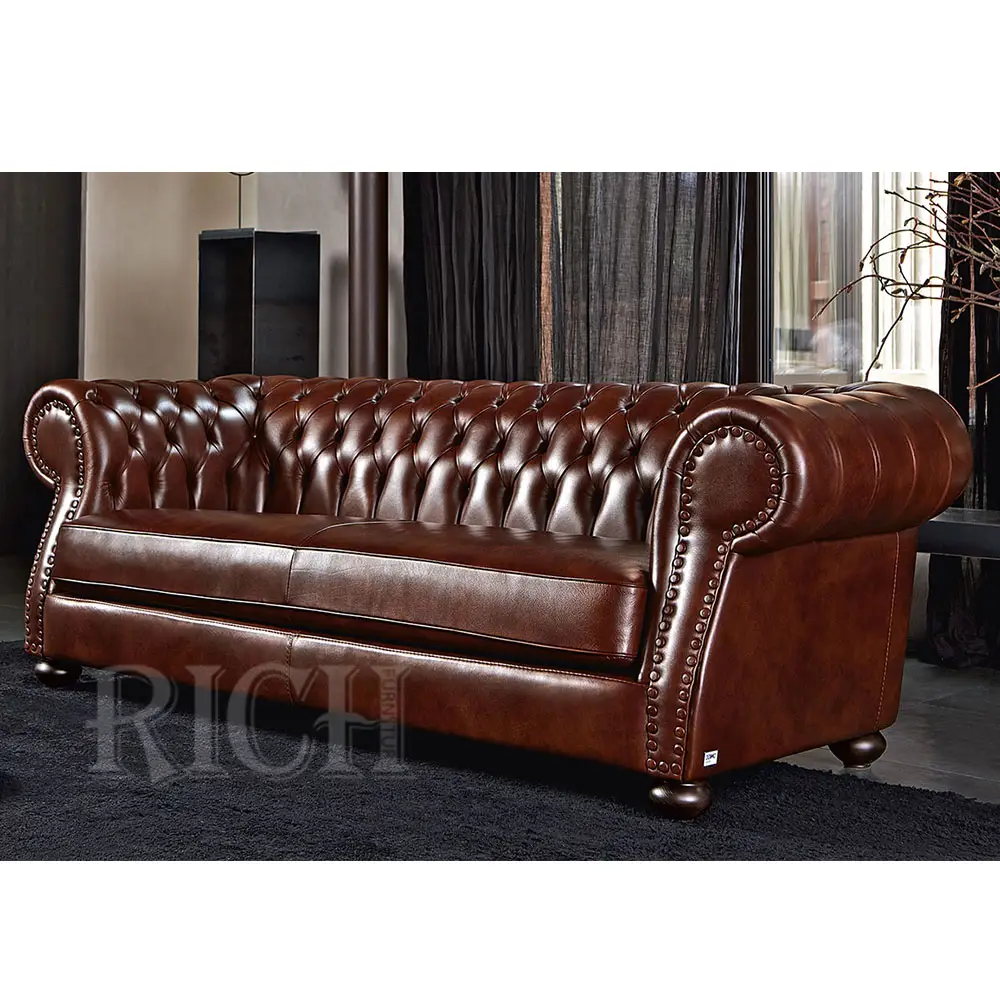 Reddish brown american leather sofa sets pure leather sofa set for living room retro 3 seater PU leather chesterfield sofa set