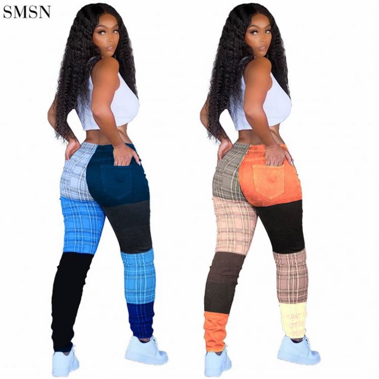 QUEENMOEN Wholesale Fall Women Clothes Streetwear Casual Patchwork Check Long Plaid Pants For Women