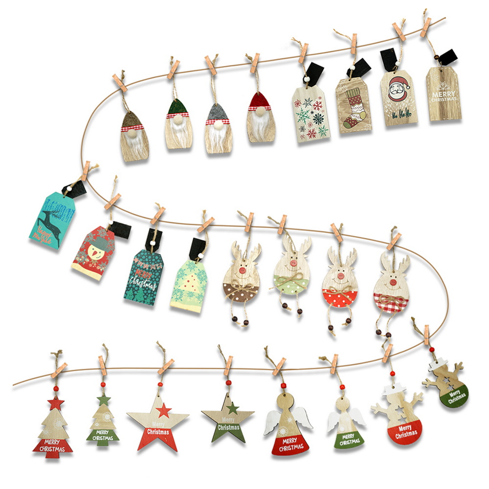 DIY Crafts Wood Pendant Hanging Decoration Wooden Christmas Tree Ornaments Set with Sticker