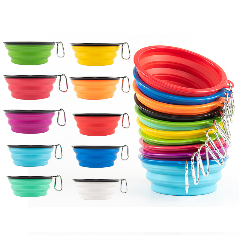 wholesale Custom logo Folding Portable Travel Foldable Silicone Collapsible Food water Pet Dog Bowl With Keychain