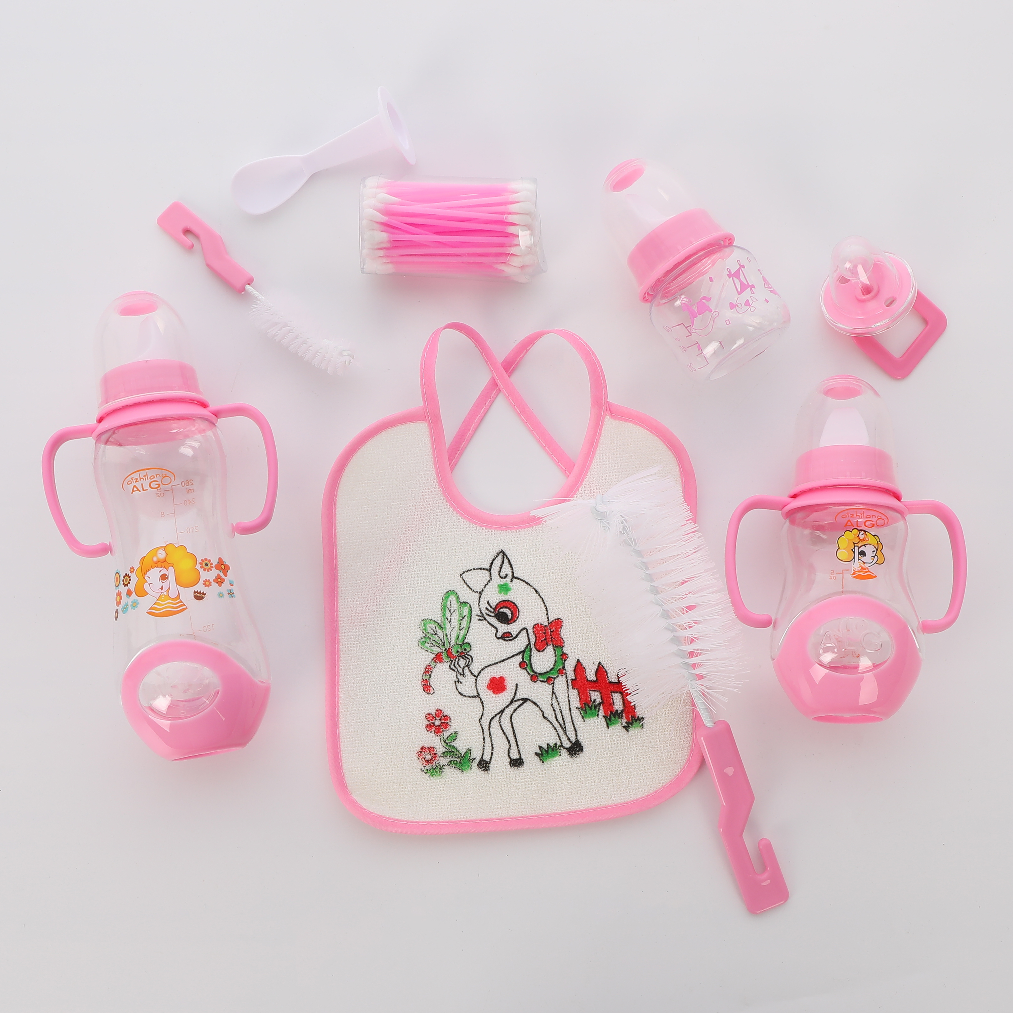 new arrivals baby feeder set with cotton swabs newborn baby bottle 8pcs feeding bottle set with bibs