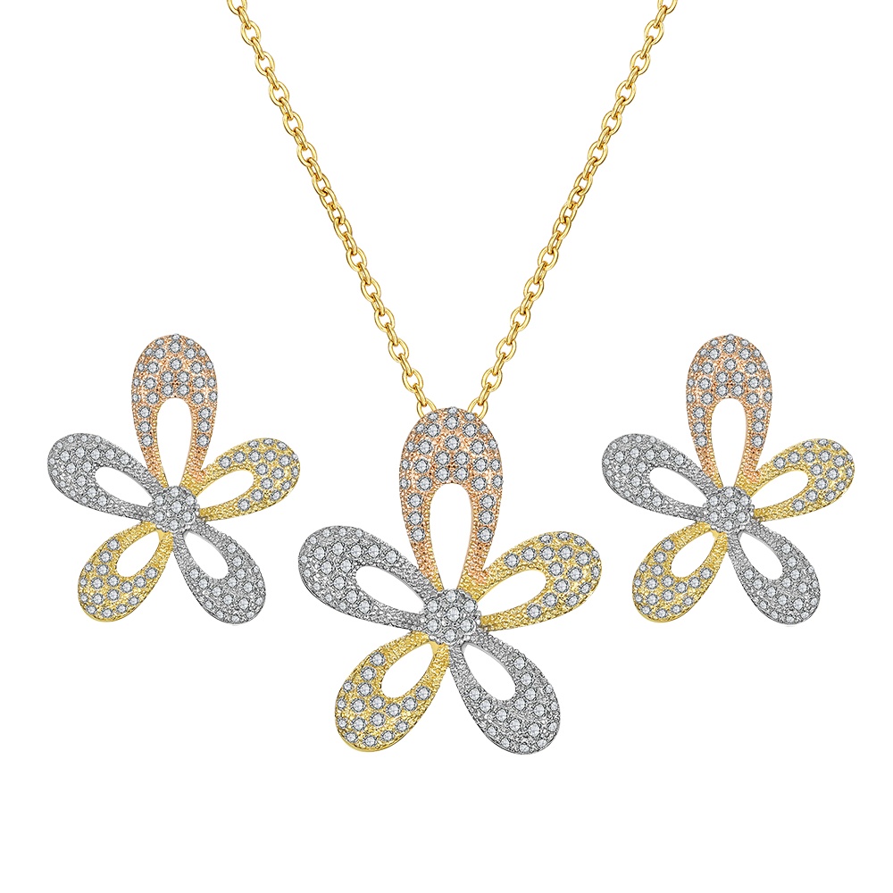 High Grade Gold Plated Flower CZ Stone Earring And Necklace Wedding Jewelry Set