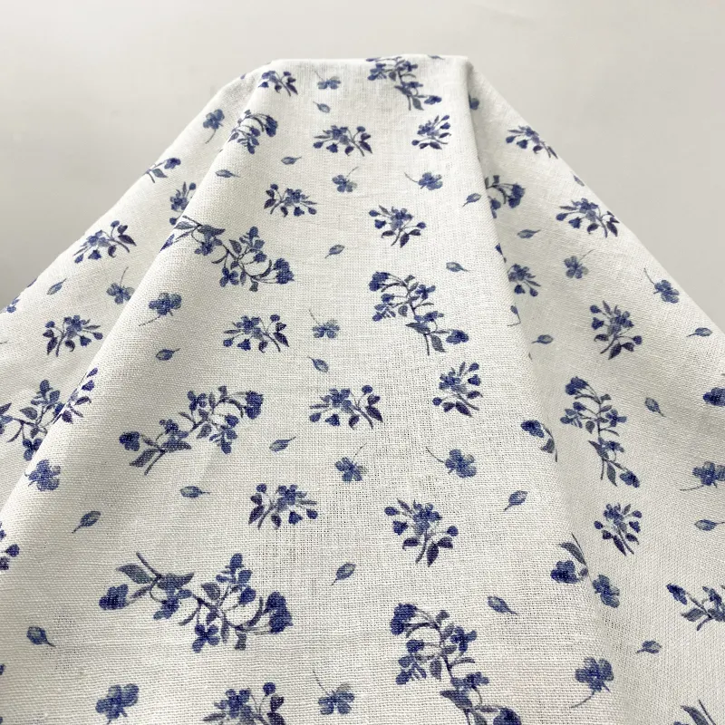 Harvest woven linen rayon plain sky blue small floral print fabric for girl wear dress and shirt