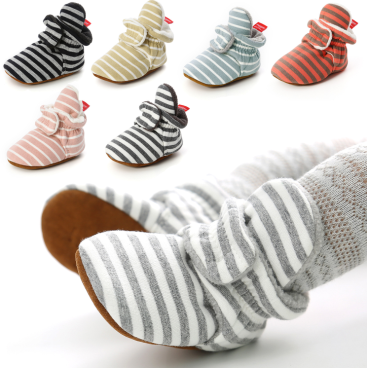 Whole Cotton fabric Striped print infant indoor boy girl sock shoes booties crib baby socks