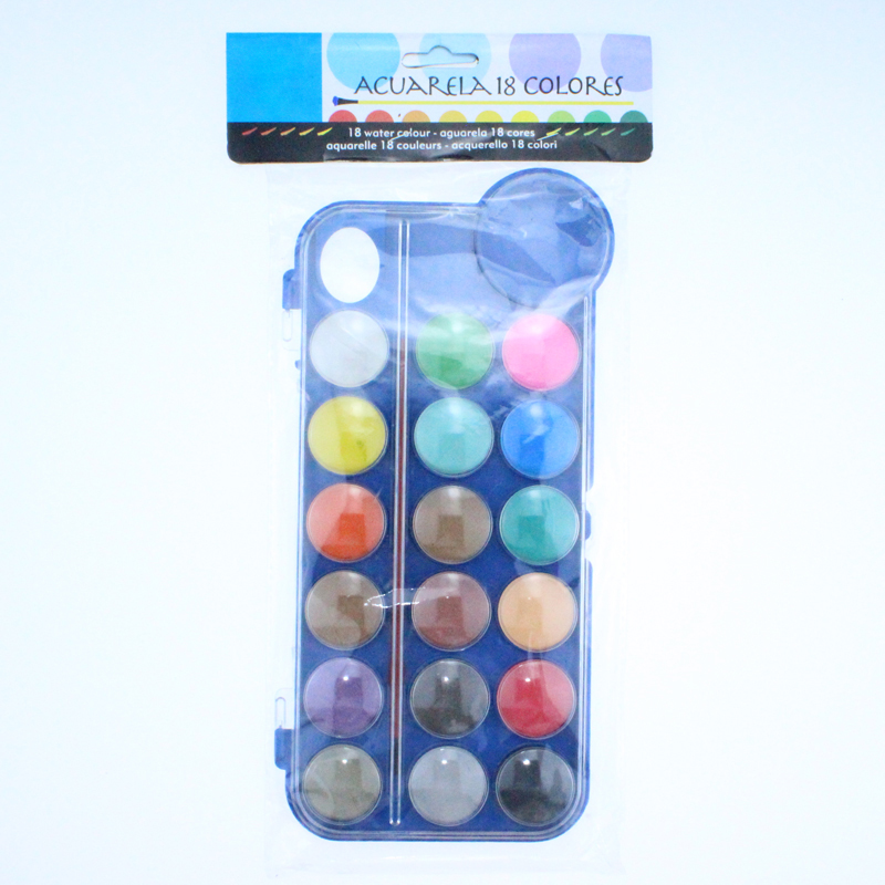 High quality safety non-toxic 18 colors watercolor paint set in plastic box with 1 bush