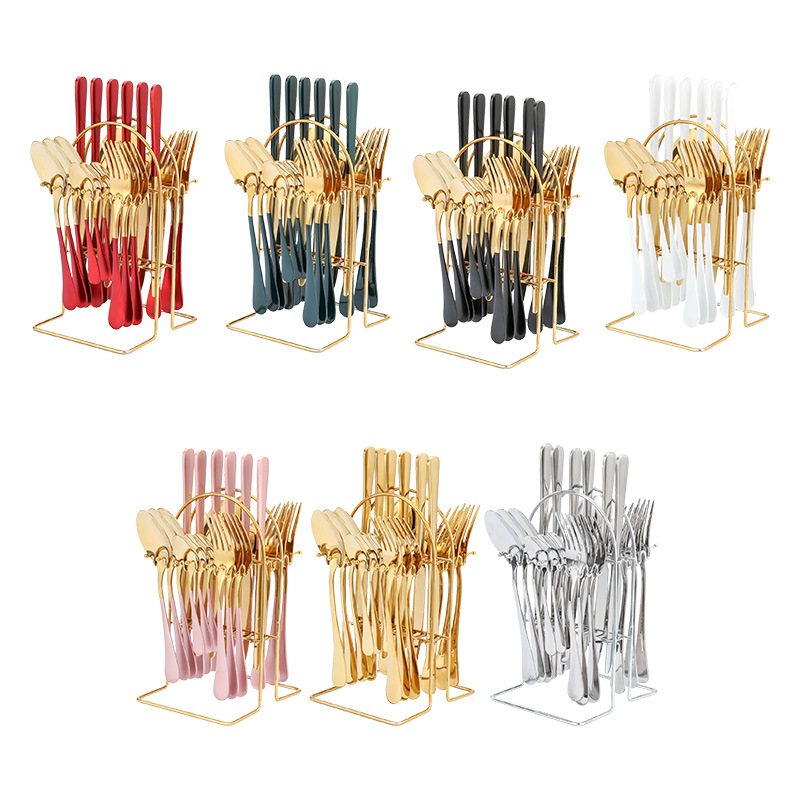 Hotselling  Knife Fork Spoon set with Stand 24 Pcs Gold flatware sets fourchette Stainless Steel Luxury tableware Cutlery set
