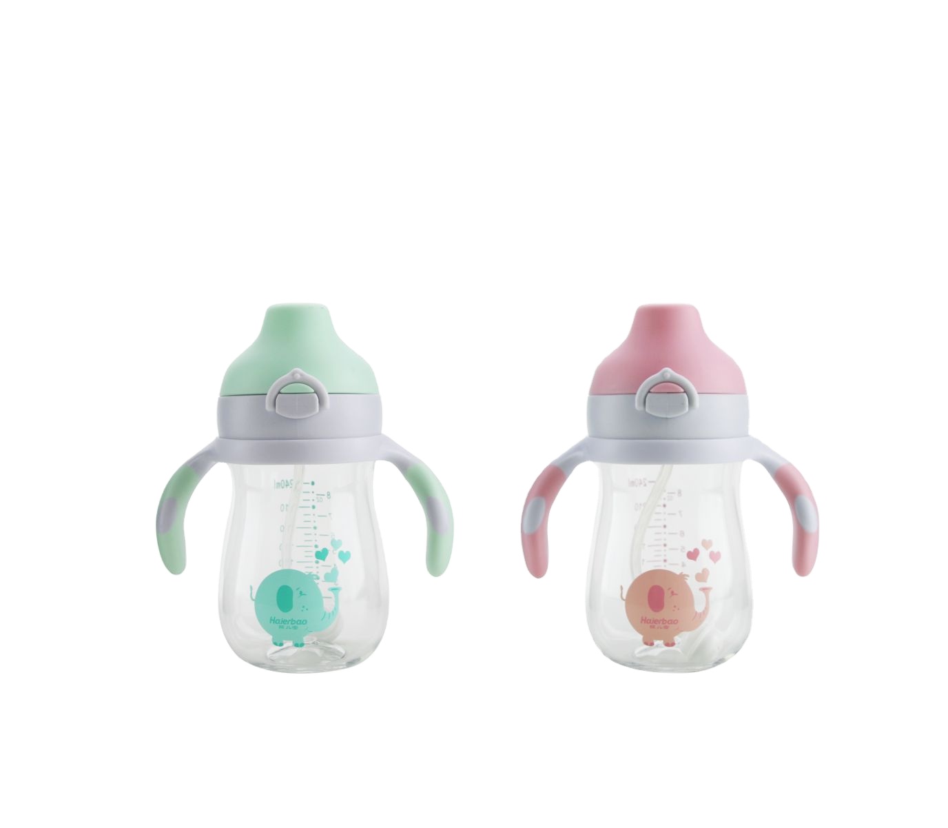 Elephant pattern PP 6cm caliber two color handle Baby mugging Duck beak Portable Strap Auto Straw plastic Water Drinking Bottles
